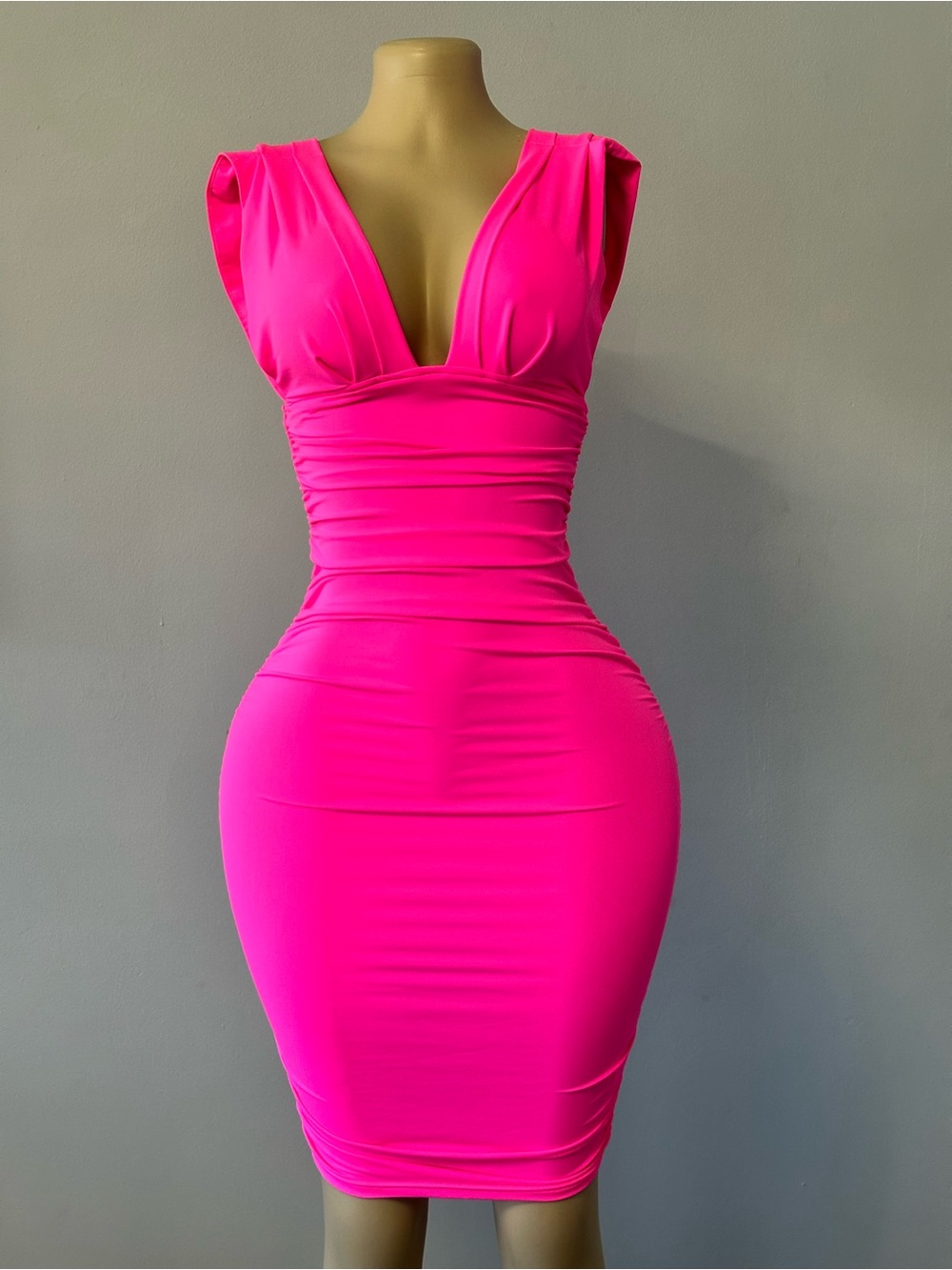 Fashion Nova Hot Pink Midi Bodycon Dress with Plunging V-Neck
